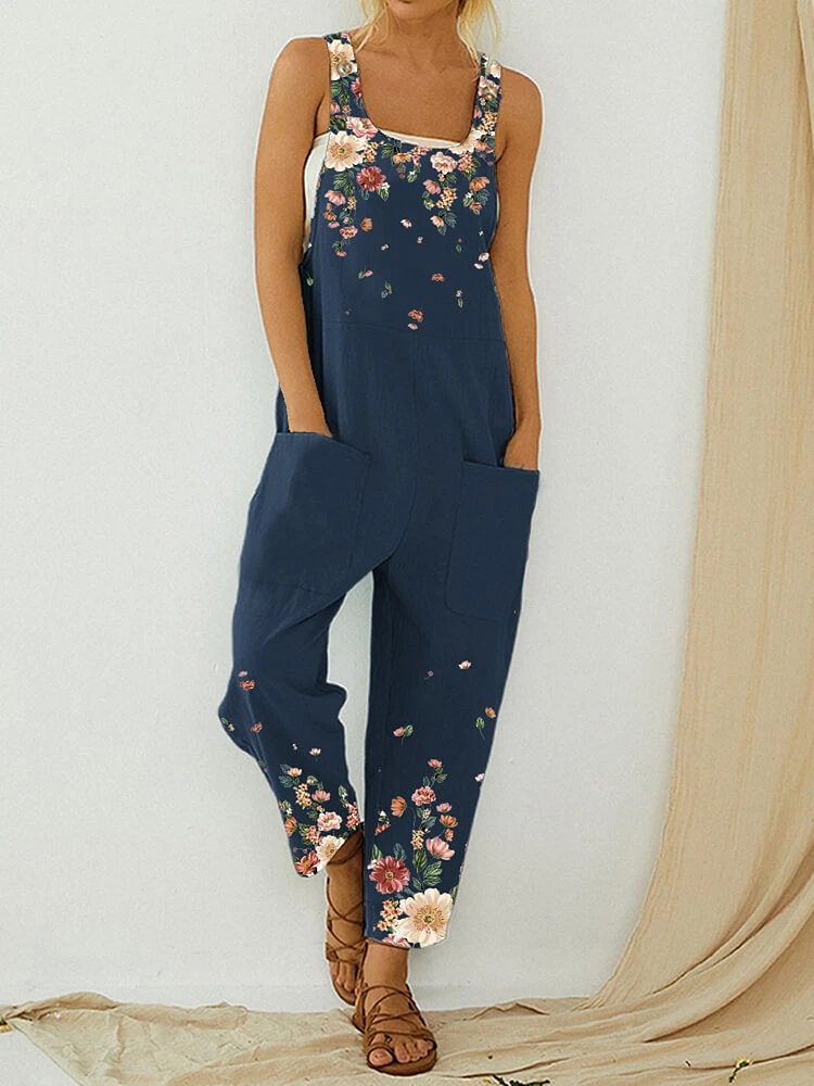 Vintage Floral Print Straps Patchwork Casual Jumpsuit With Pockets For Women