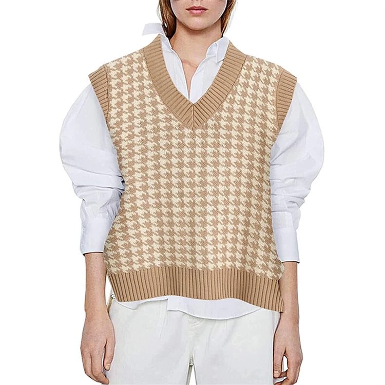 Urban Casual V-neck Pullover Ladies Sweater Plaid Small Waistcoat-Corachic