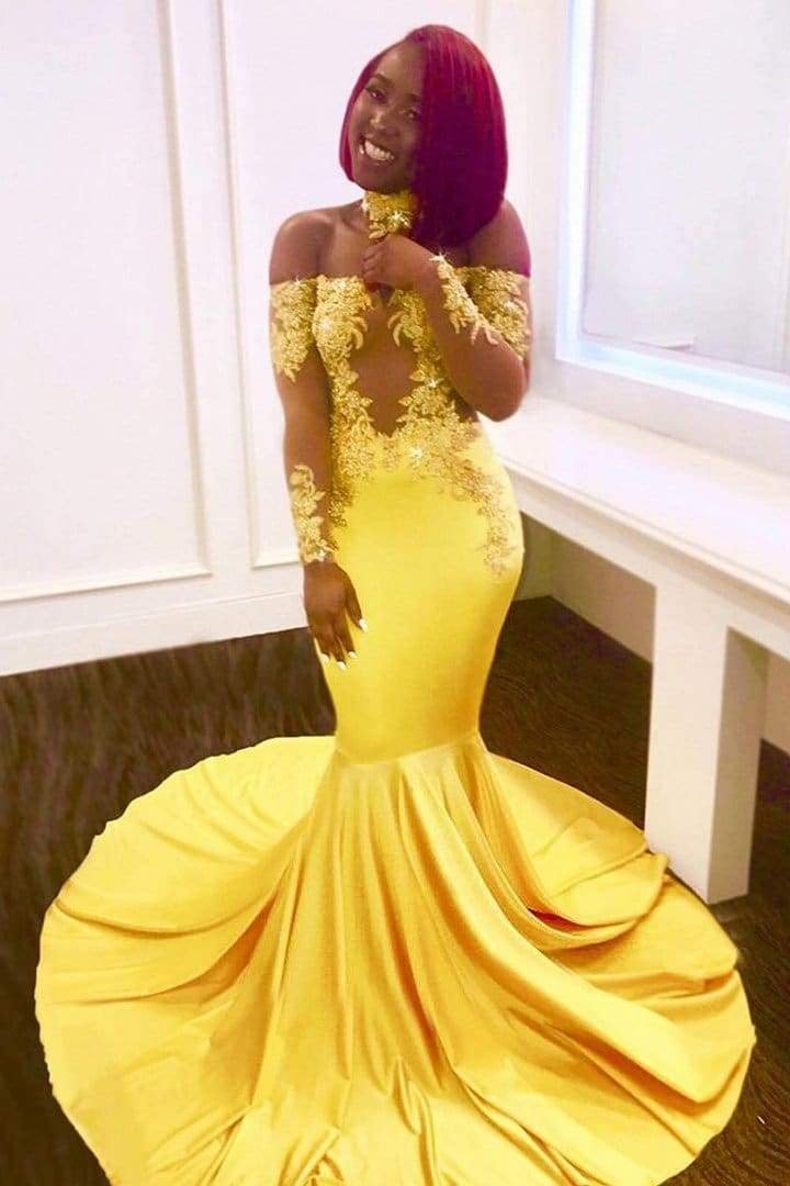 Luluslly Yellow Long Sleeves Mermaid Prom Dress Lace Appliques