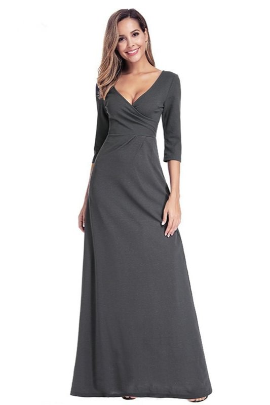 Dark Grey Half Sleeve V-Neck Long Evening Prom Dress Online