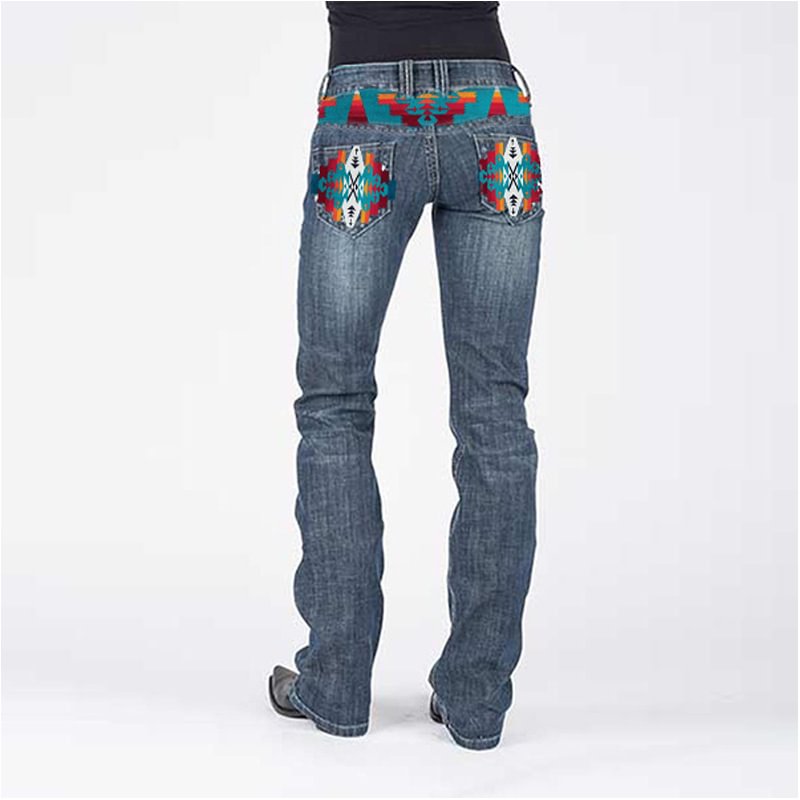 Geometric Pattern Multi-pockets Women's Jeans
