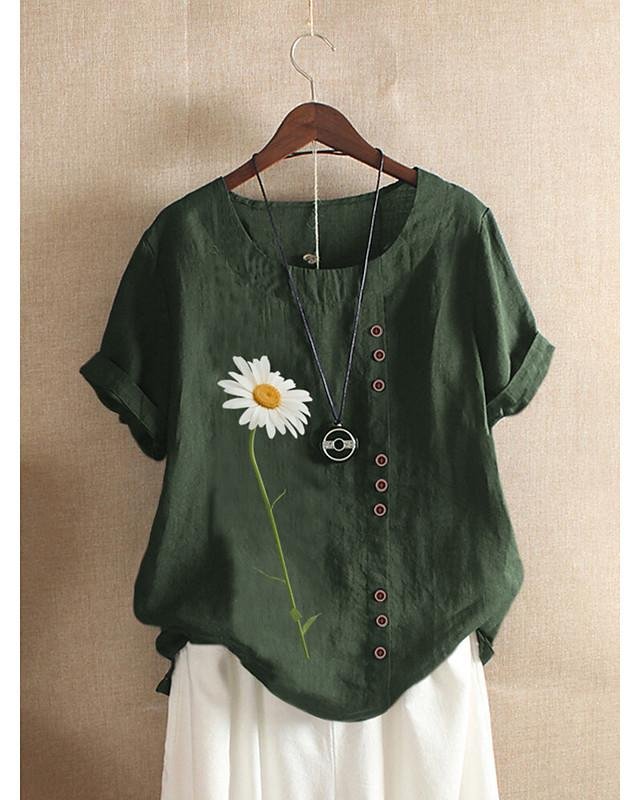 Women's Blouse Shirt Floral Flower Print Round Neck Tops Loose Cotton Basic Basic Top Army Green Navy Blue-Corachic