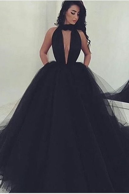 Luluslly Black High Neck Long Prom Dress Tulle Ball Gown Party Dress Backless