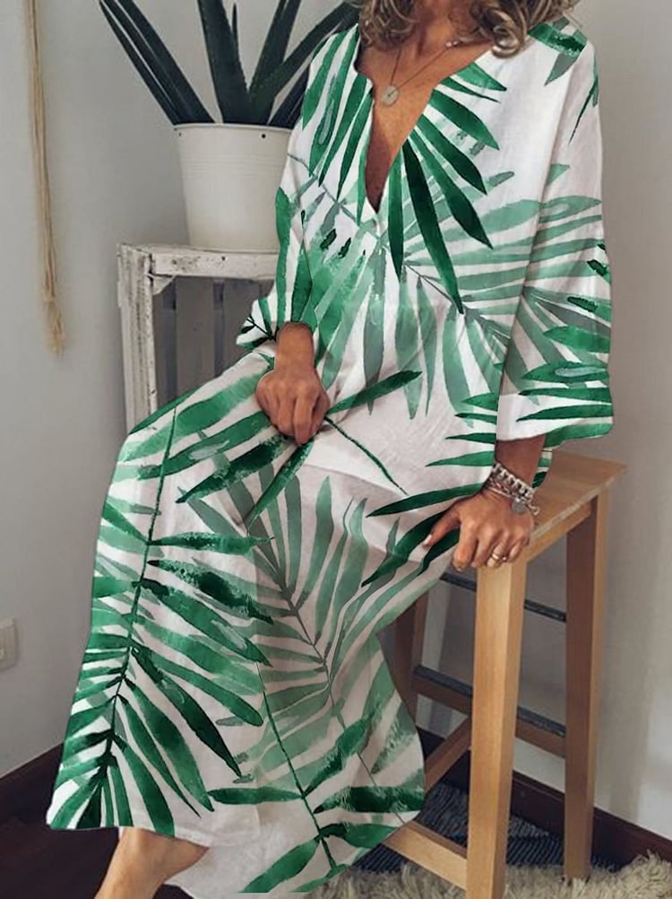 Palm Print V- Neck Long Sleeve Casual Dress-Mayoulove