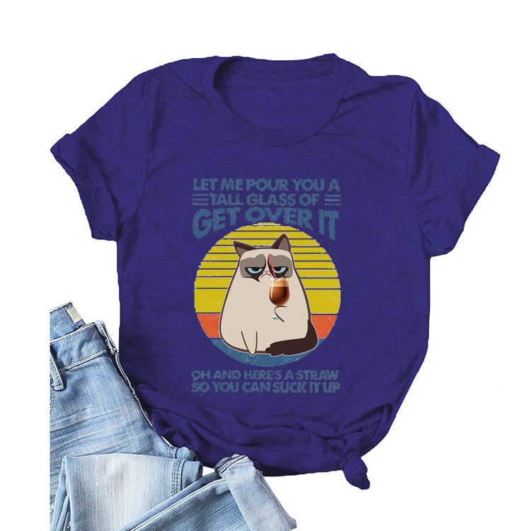 BrosWear Women's Loose Round Neck Cat Letter Print Short Sleeved T-shirt