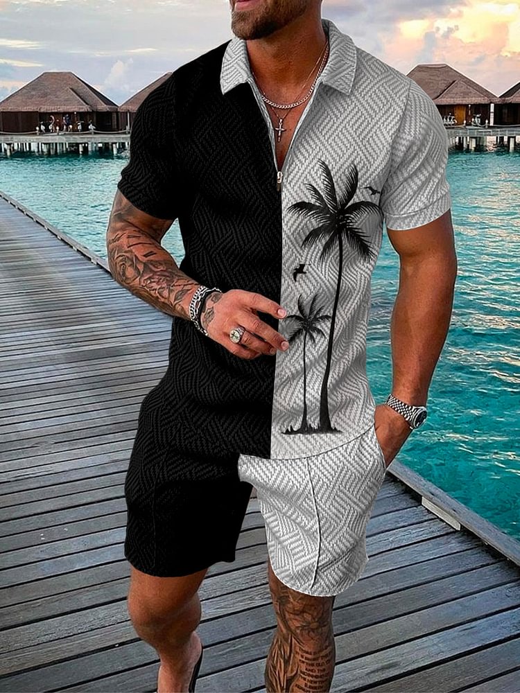 Men's Holiday Coconut Print Black and White Contrast Polo Suit