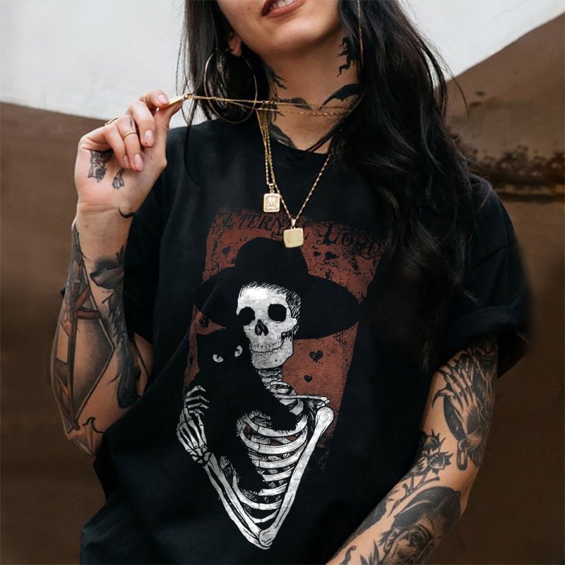 Eternal Love Printed Skeleton And Black Cat Women's T-shirt - Minnieskull