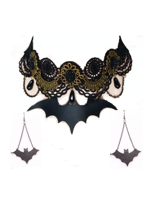 Vintage Bat Pendant Lace Chain Choker + Earrings