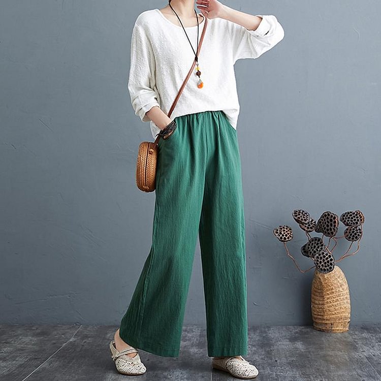Ladies cotton and linen loose high waist wide leg trousers-Mayoulove