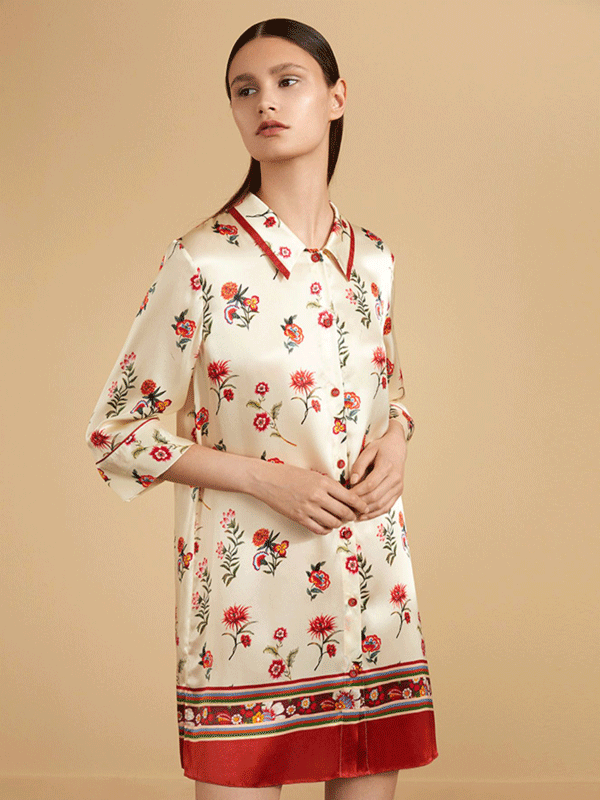 Eastern Euro Floral Printed Sleep Shirt Silk Nightgown-Luxury Silk Life
