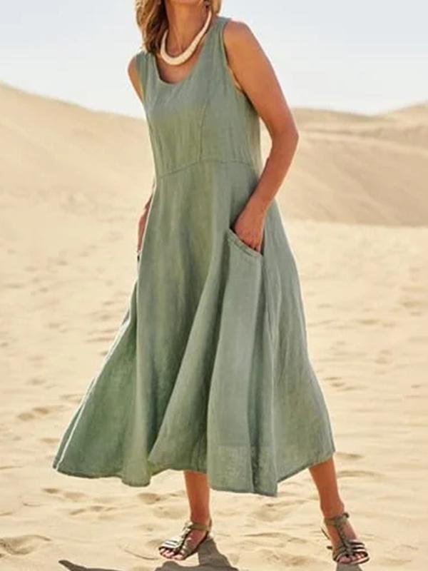 Ladies Cotton Linen Pure Color Casual Loose Sleeveless Vest Dress-Mayoulove