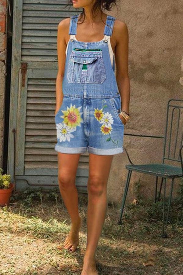 Womens Floral Printed Washed Denim Overalls-Allyzone-Allyzone