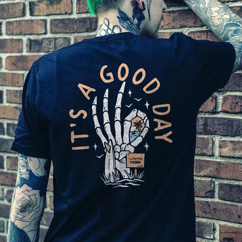 Cloeinc  It’s A Good Day Skull Hand Print Classic Black T-shirt - Cloeinc
