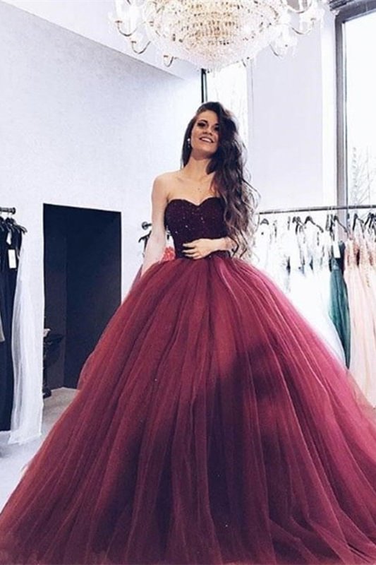 Luluslly Burgundy Sweetheart Ball Gown Tulle Prom Dress Sequins