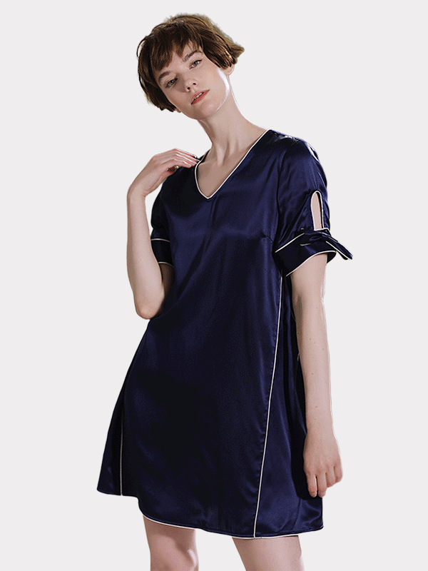 Elegant  Navy Blue Short Sleeves Silk Nightgown
