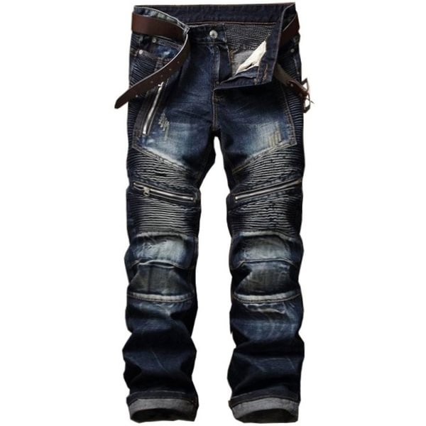 Men's retro distressed zipper pleated wear-resistant jeans / [viawink] /