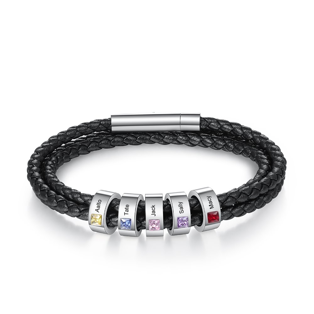 Personalisierte Herren Leder Armband 5 Perlen mit Geburtssteinen n5-b5 Kettenmachen