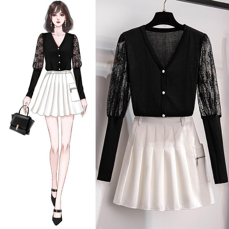 Lace Patchwork Knit+Pleated Skirt P12983