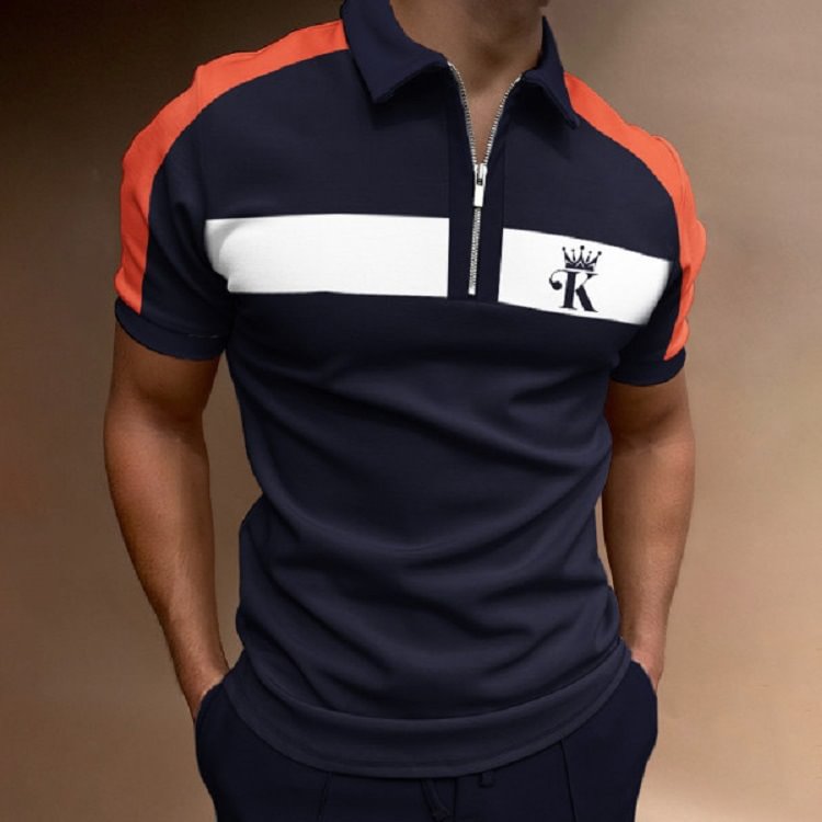 Navy&Orange Short Sleeve Zipper Casual Men's Polo Shirts-VESSFUL