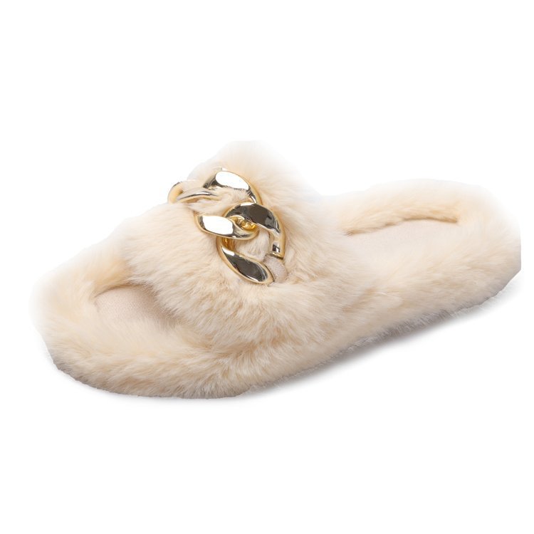 Women gold chain Fashion Warm Fluffy Slippers Cozy Faux Fur Indoor Floor Slides Flat Soft Furry Ladies Female Flip Flops