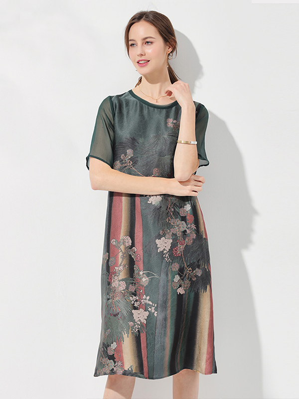 Robe en soie style rétro imprimé style Oriental-Soieplus