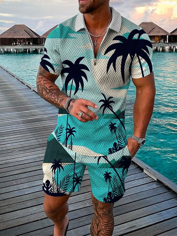 Men's Beach Coconut Print Blue Polo Suit