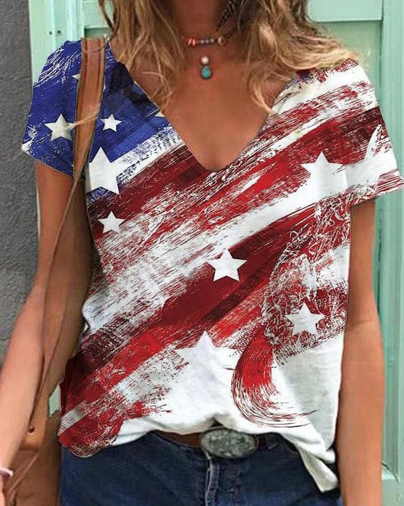 Independence Day Flag Print Casual V-Neck Shirt & Top