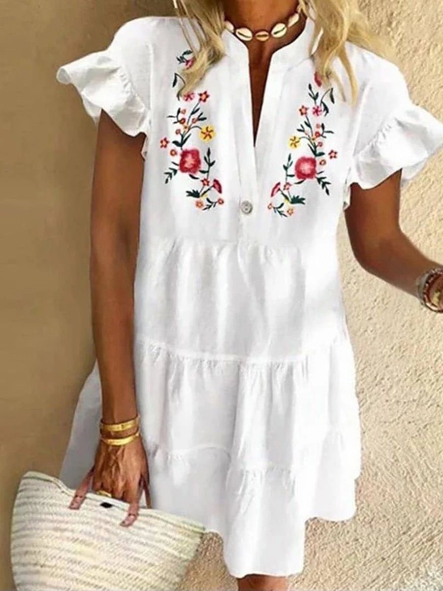Ethnic White Ruffled Short-sleeved Loose Dress P11445