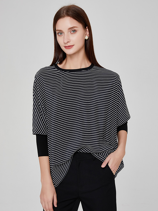 Black Silk T-shirt Women's Stripe Loose Basic Style