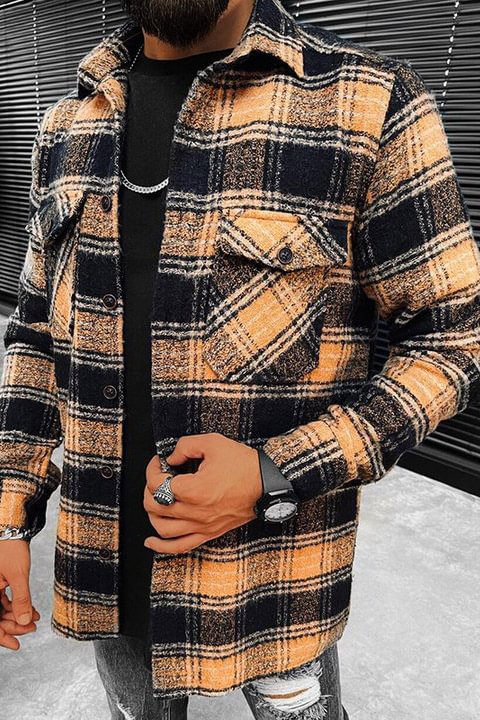 Tiboyz Men's Fashion Lapel Check Shirt Jacket