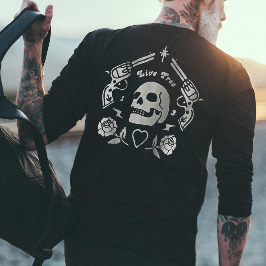 Live free pistol rose skull print t-shirt - Krazyskull