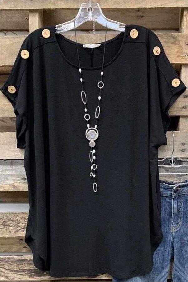 Casual Round Neck Button T-shirt-Mayoulove