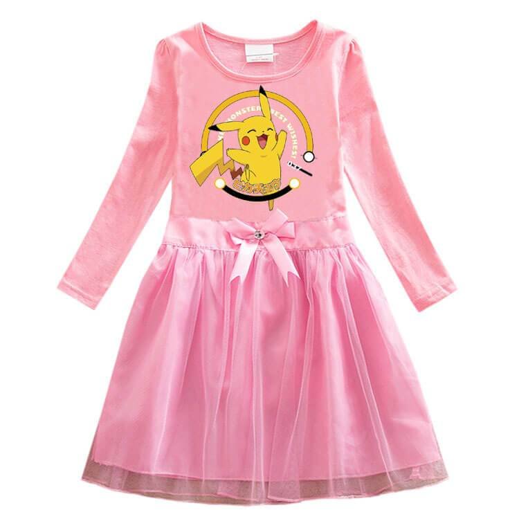 Go Pikachu Printed Girls Long Sleeve Cotton Bow Tulle Dress Multicolor-Mayoulove