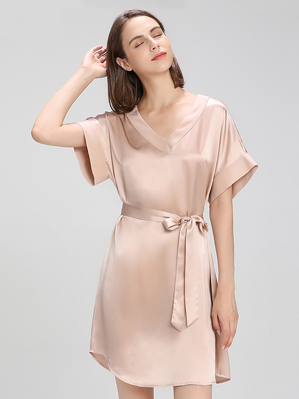 Plain Solid Silk Nightgown Short Style