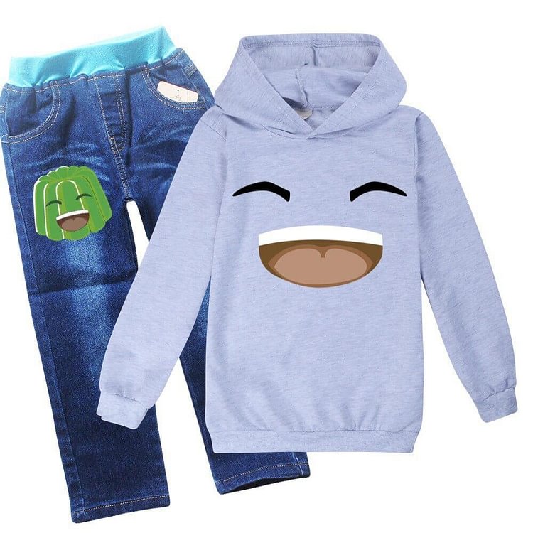Jelly Green Hearty Laugh Print Girls Boys Hoodie And Jeans Outfit Set-Mayoulove