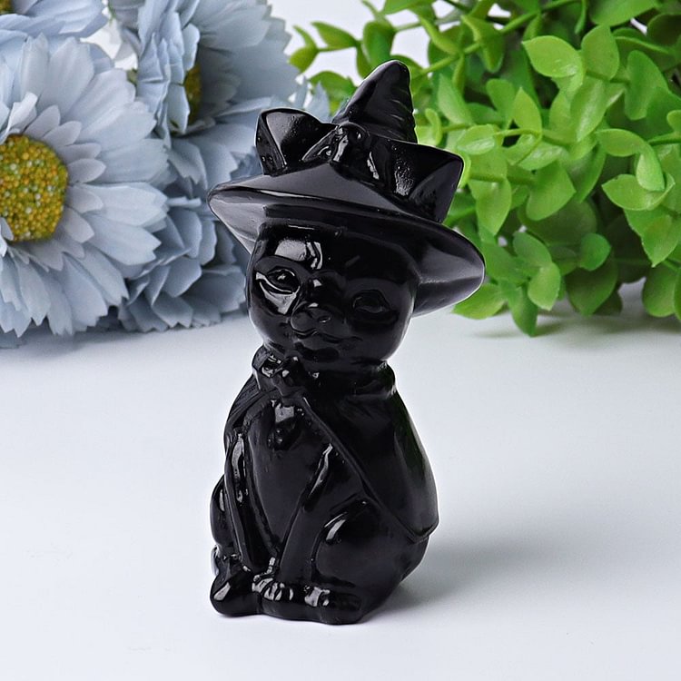 3.5" Black Obsidian Cat with Witch's Hat Crystal Carvings Crystal wholesale suppliers