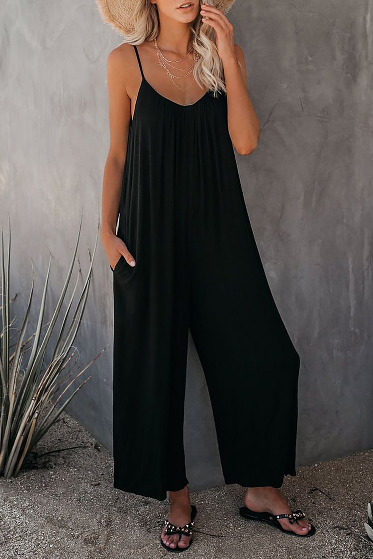Women's Loose Sling Jumpsuits Strap Long Pant Romper Jumpsuit with Pockets