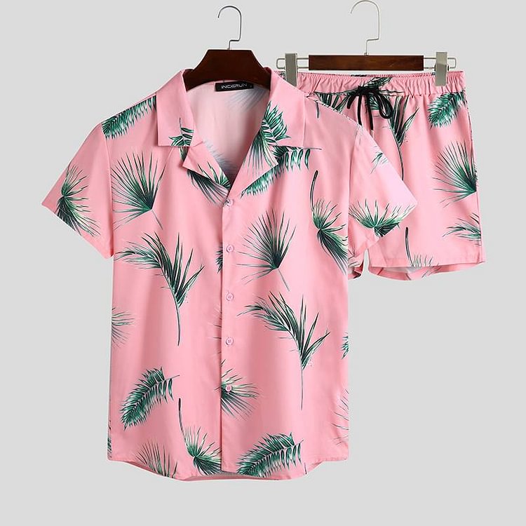 Leaf Print Hawaiian Beach Short Sleeves Lapel Summer Casual Shirts Suits Top With Pants Two Pieces Sets