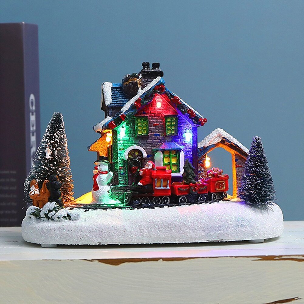 Christmas Snow House Figurines with LED Light Miniature Statue Home Decor、、sdecorshop