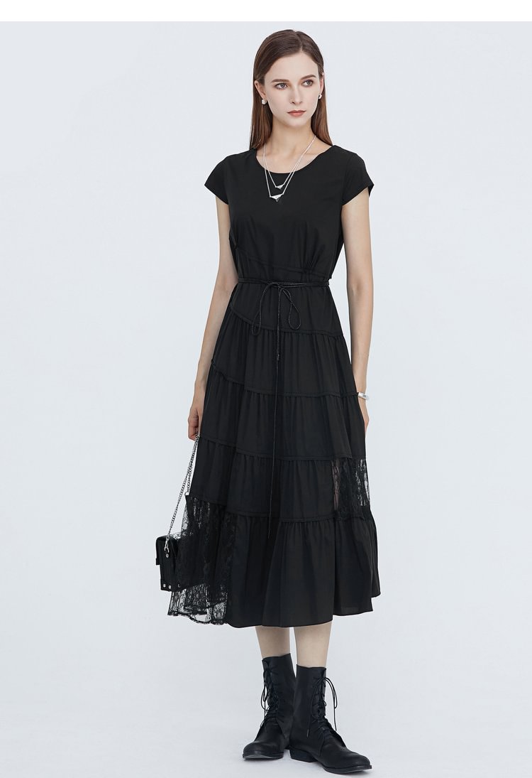 SDEER Elegant round neck mesh lace waist dress