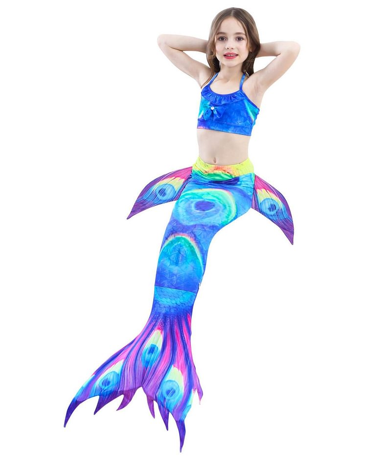 Girls Peacock Feather Printed Top Bottom And Mermaid Tail Swimsuit-Mayoulove