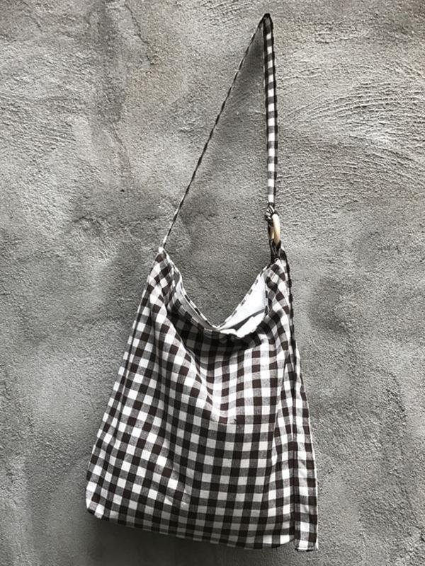 Cotton Linen Checkered Zipper Shoulder Bag-Mayoulove