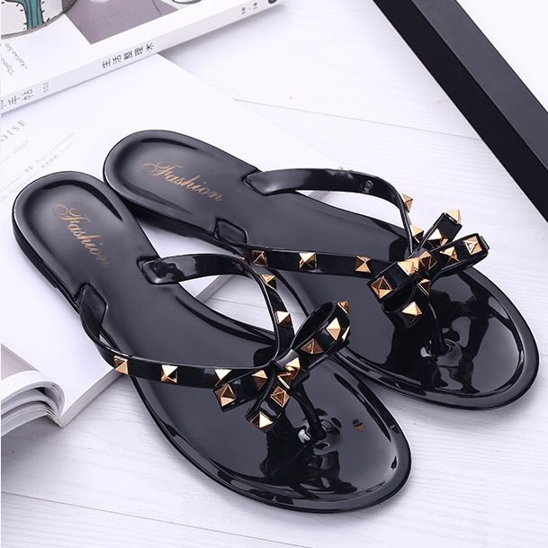 Women's  Rivet Bow Flip Flops Summer Liuding Women Go Out Large Sandals Jelly Crystal Shoes
