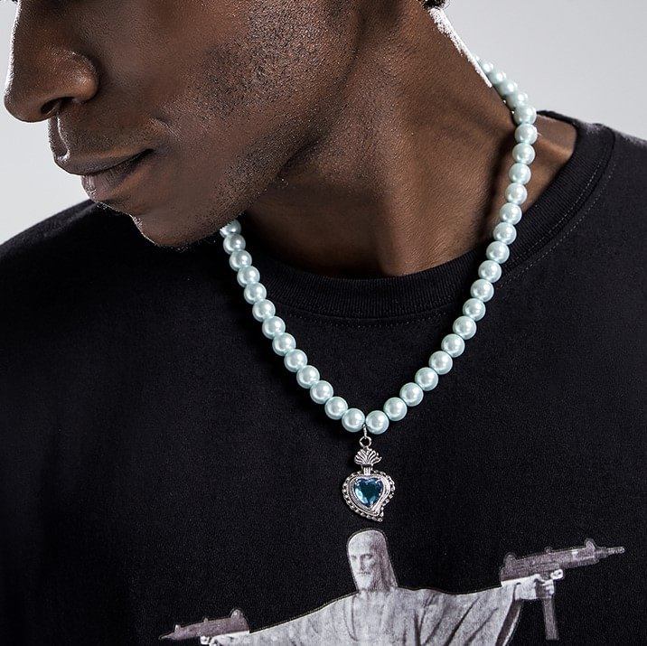 Blue Pearl Chain Heart Pendant Necklace Men's Hip Hop Jewelry