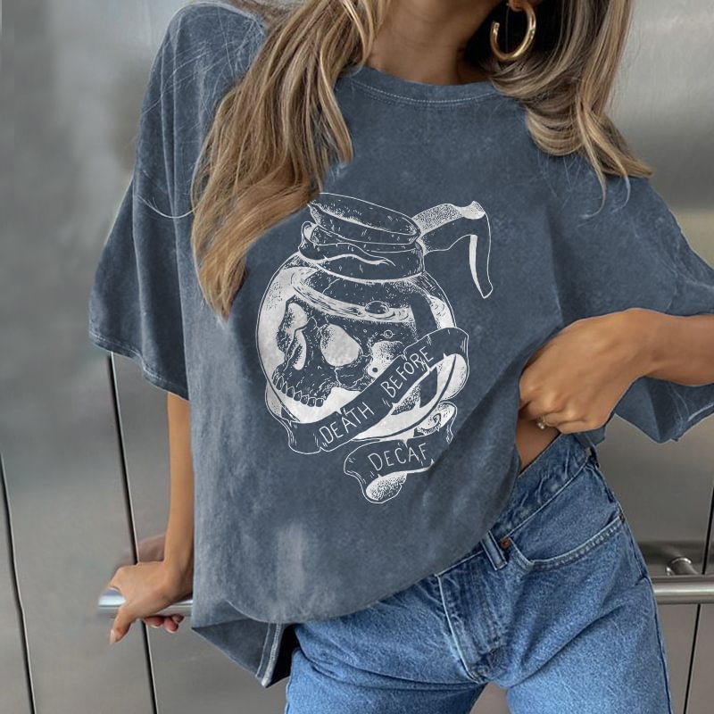 Minnieskull Death Before Decaf Skull Print Loose T-shirt - Minnieskull