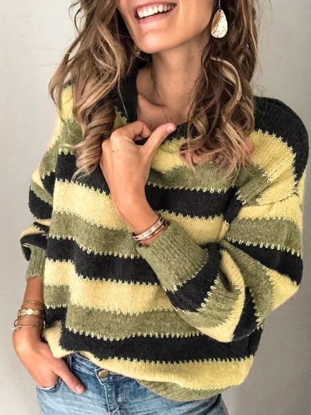 Plus Size Long Sleeve Crew Neck Striped Printed Casual Sweater