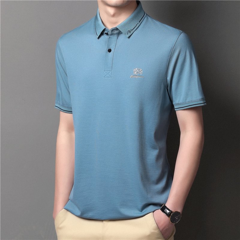 Light Blue Silk Shirt Men's Lapel Casual Embroidered Top