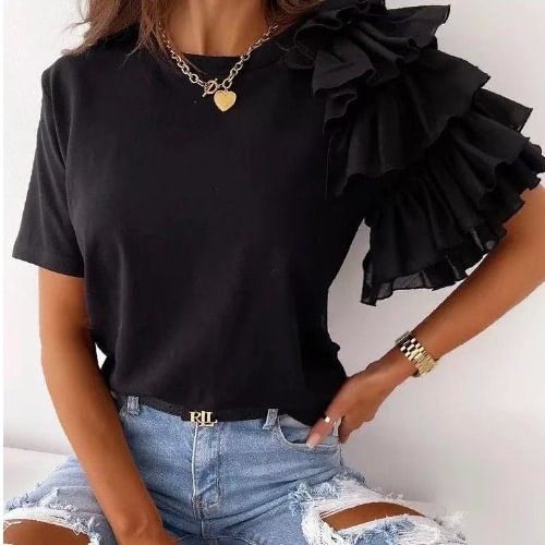 Short Sleeve Blouses For Women Hiweld Solid Color Fashion Ruffle Short Sleeve Versatile Round Neck T-shirt