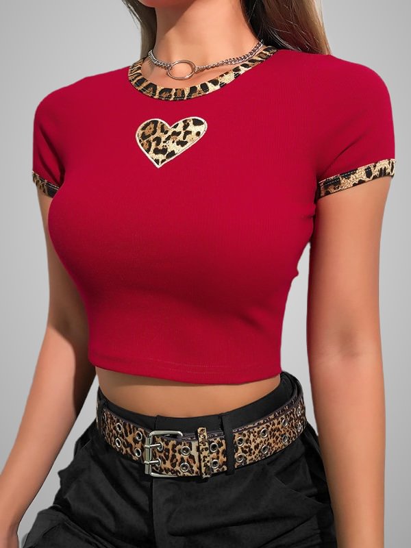 Chic Cute Sweet Girl Leopard Heart Color-block Crew Collar Short Sleeve Slim Midriff Top