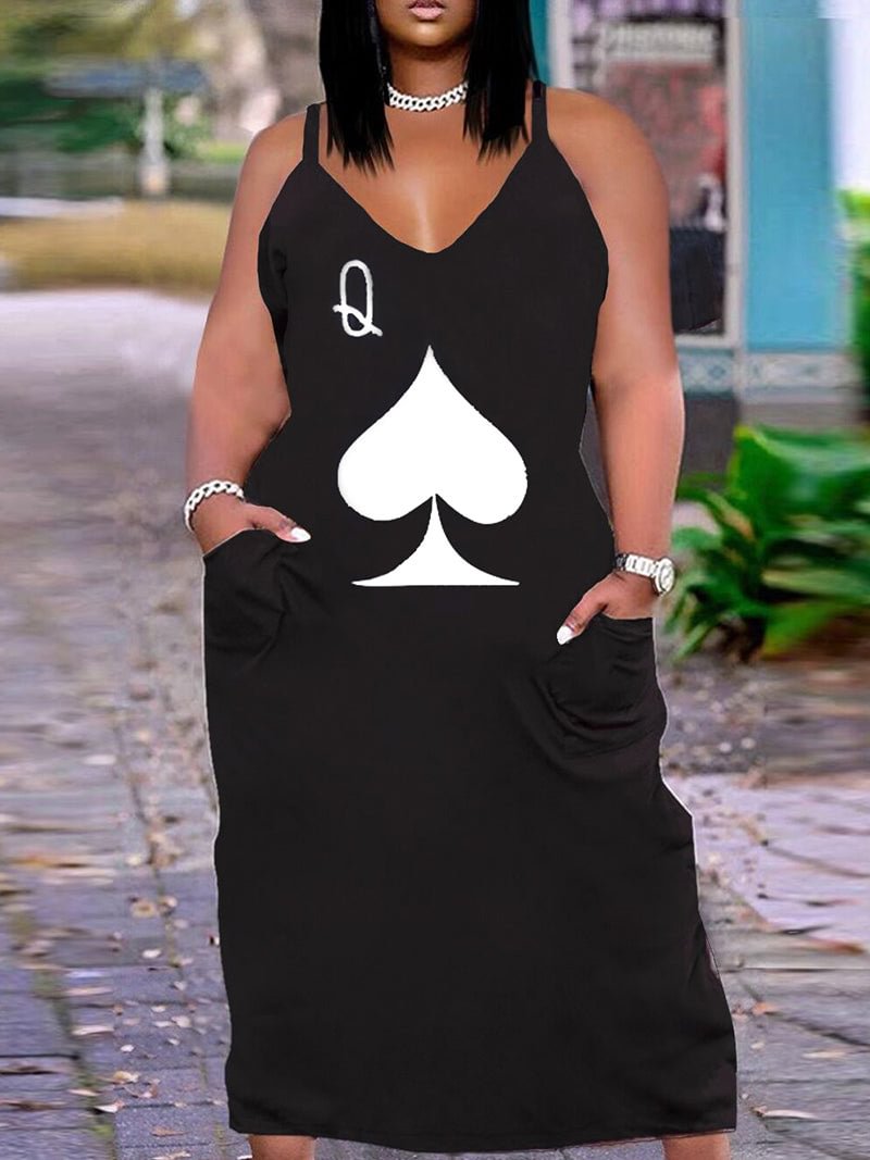 Pocker Card Pattern Printing Sexy Plus Size Slip Maxi Dress With Pockets